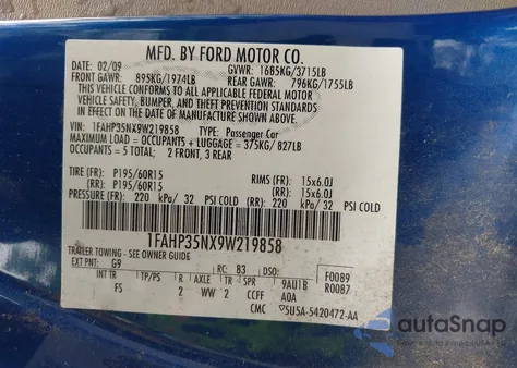 2009 Ford Focus Se from USA, damaged, VIN 1FAHP35NX9W219858